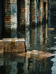 Closeup shot of waterlogged parcels with readable labels, adrift in murky floodwaters outside a warehouse, reflecting the struggle