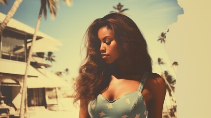 Curvy african american woman in swimsuit on beach, vintage camera effect, copy space - Powered by Adobe