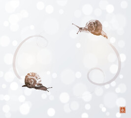 Zen journey of two snails. Traditional oriental ink painting sumi-e, u-sin, go-hua in on white shimmering background. Translation of hieroglyph - eternity - 765018247