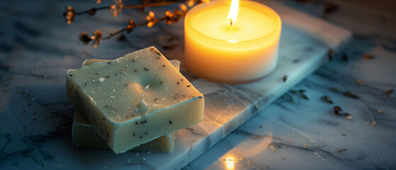 Lit candle and homemade soaps with lavender on rustic table