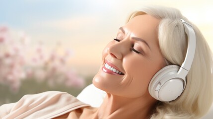 Happy older woman resting in bed and listening to her favorite music using headphones