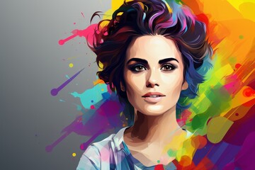 Colorful pop art style portrait of beautiful young woman available for purchase on photo stock