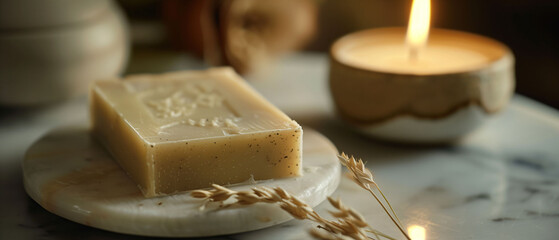 Handmade soap bars with natural ingredients on wooden surface with candle