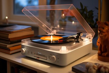 Vintage high-end vinyl record player with warm lamp backlight and vinyl disc for music enthusiasts - obrazy, fototapety, plakaty