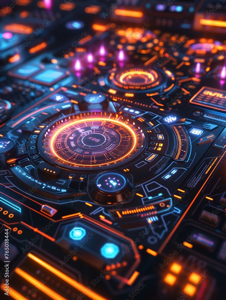 Poster neon hud interface with dynamic elements, evoking futuristic tech sophistication