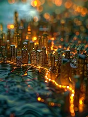 Miniature cityscape glowing at dusk, veins of light pulsing through its urban heart