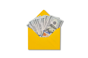 A yellow envelope full of one hundred dollar bills is isolated on a transparent background. Money in an envelope. Concept of bribe, dirty money, salary or profit