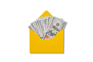 A yellow envelope full of one hundred dollar bills is isolated on a transparent background. Money in an envelope. Concept of bribe, dirty money, salary or profit