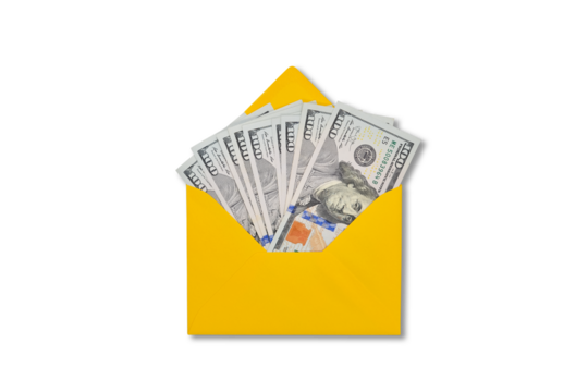 A yellow envelope full of one hundred dollar bills is isolated on a transparent background. Money in an envelope. Concept of bribe, dirty money, salary or profit