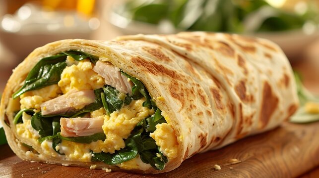 A healthy wrap with melted mozzarella and egg whites. Healthy cheese wrap with protein, turkey, fresh spinach and flatbread dough.