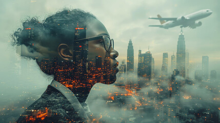 dark skinned businesswoman in double exposure with the skyline of a big city