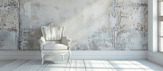 An old chair is placed in a room where the wall has peeling paint, creating a worn-out and vintage...