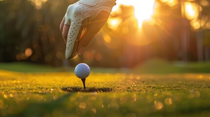 Hand of golfer wearing glove placing golf ball on a tee at golf course with sunlight on background, golf day