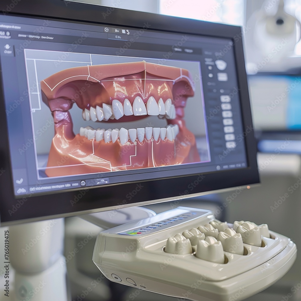 Poster advanced 3d dental imaging software displayed on a monitor, indicating a shift towards high-tech den