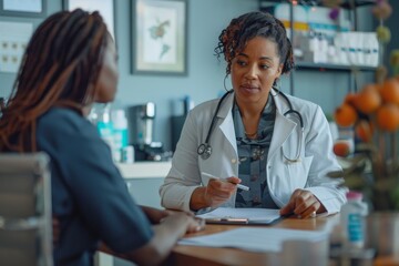 Female doctor and patient communicating in medical room clinic. Physician sitting at desk together with African American woman, writing out prescription and explaining how to takemedicine,GenerativeAI - obrazy, fototapety, plakaty