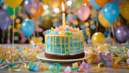 Um bolo confeitado com uma vela palito acesa, sobre a mesa em ambiente decorado para festa de aniversário, com balões desfocados ao fundo. - obrazy, fototapety, plakaty