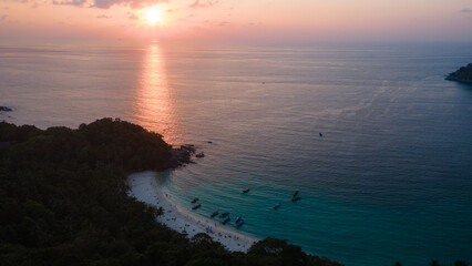 Sunset view panorama of freedom beach bueatifull island is phuket thailand Cimenatic Dron shot
