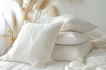 White cotton and linen pillows Mockup with Boho Floral Accents