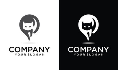 Black Cat sitting smiling Logo design vector template Negative space style. Home pet veterinary clinic store Logotype concept icon