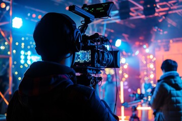 Video camera operator working with his equipment at indoor event, cameraman is filming an entertainment show