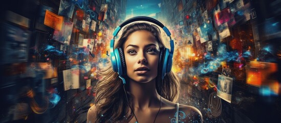 Capture of a female individual wearing headphones strolling along a bustling city street - obrazy, fototapety, plakaty