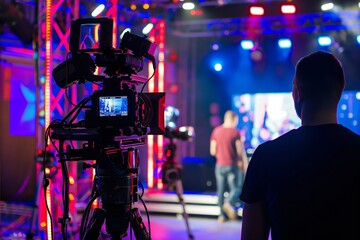 Video camera operator working with his equipment at indoor event, cameraman is filming an entertainment show