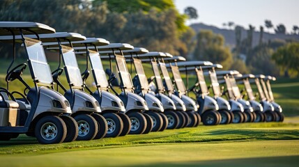 There are many golf carts for golfers on a golf course. Golf carts at a luxury resort sport venue...