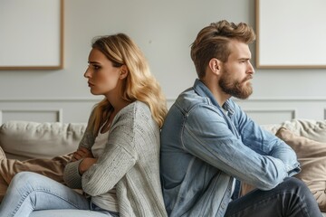 Disappointed couple sitting on sofa back to back, facing away from each other. Frustrated husband and wife feeling upset after argument and making decision of breaking up get, Generative AI - obrazy, fototapety, plakaty
