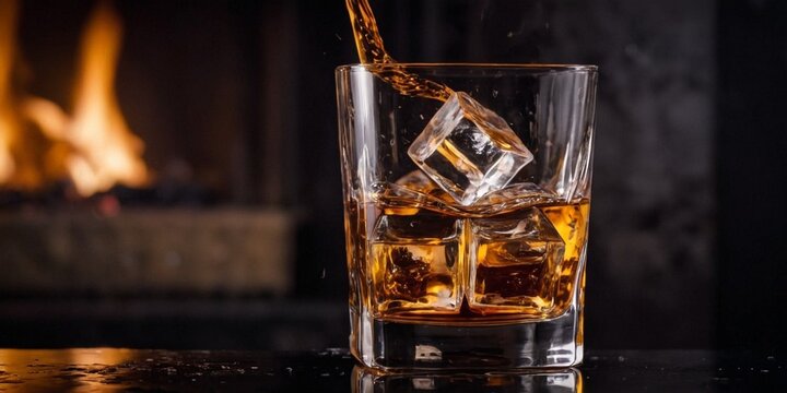 Whiskey is poured into a glass with ice cubes on a black background.