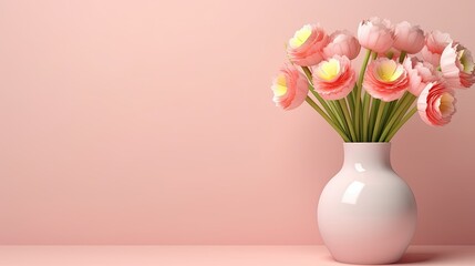 3D Flower, Vase of floral with pink pastel background. Cosmetic or beauty product background. Copy Space for Mother's Day, Valentine's Day, or Women's Day Banner or Poster