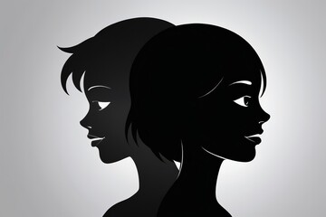 Boy and girl black silhouette as dual personality on grey background