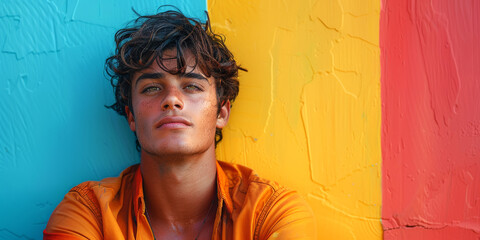 Thoughtful Youth with Vibrant Pride Colors.
A pensive young person rests against a wall brushed with the bright stripes of the pride flag, reflecting on identity and diversity.