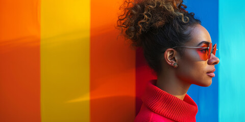 Fashionable young woman in a red jacket and sunglasses posing against a rainbow-colored wall, embodying confidence. Copy Space 