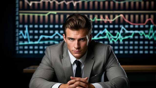 businessman sitting in front of a board with stock graphs
