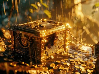 An epic scene of a treasure chest and a tax document locked in an ancient battle under a rain of coins