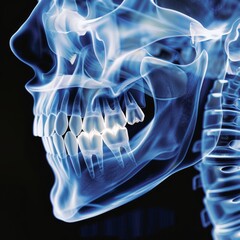 X-ray image of a human skull displaying dentition, ideal for medical studies and dental examination, revealing intricate bone structures.
