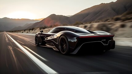 A futuristic hypercar concept, with aerodynamic design and sleek bodywork, racing on an open road in the desert. - obrazy, fototapety, plakaty