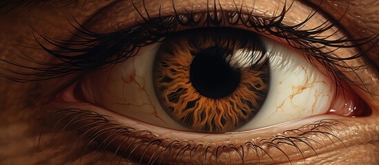Capture of a singular eye displaying a brown iris with a distinctive black pupil and a noticeable red spot - obrazy, fototapety, plakaty