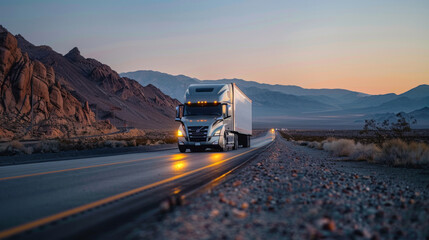A sleek electric semi truck drives on a remote desert road as the evening twilight settles in. - obrazy, fototapety, plakaty