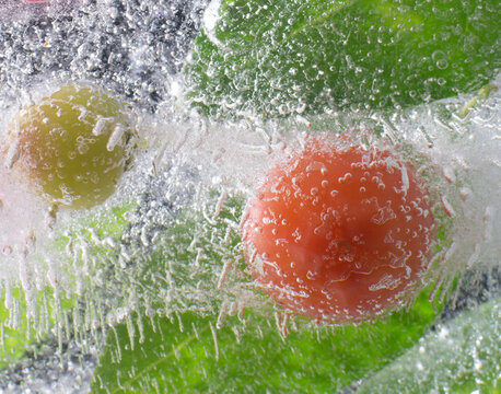 the abstract background of the ice structure, fruits, leaves