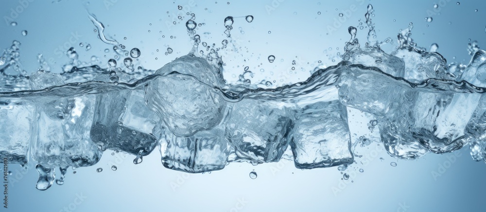 Poster a high-speed capture of water splashing against a vibrant blue background, creating a dynamic and re
