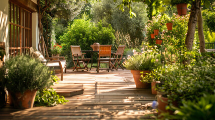 Beautiful wooden terrace with garden