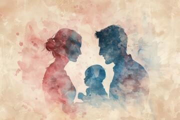 Silhouette of Happy Family. Father, Mother, and Child Drawing on Abstract Watercolor Splash Background. Perfect for Happy Mother's Day, Father's Day, Greeting Cards, Banners, and More