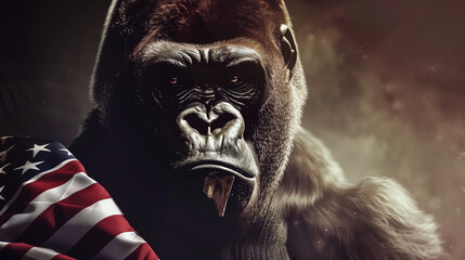 Gorilla, monkey, ape Frightful animal wearing American flag , Ai generated image