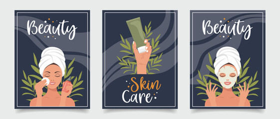 Obraz premium Set of flyers with woman, cosmetics, beauty products. Beauty, skin care, cosmetics, shower concept. Illustration for banner, card, advertising, poster. Vector