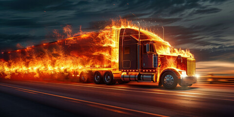 Flaming semi truck driving down highway, fiery exhaust flames trailing behind on road, transportation danger concept