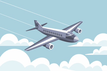 The plane flies in the sky between the clouds. Time for travel and vacation. Illustration, vector - obrazy, fototapety, plakaty