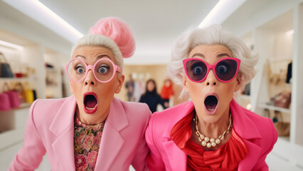 two 40-year-old women running for the sale, expressive surprised faces, in a fashion store - 765021888