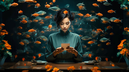 a woman sits at the desk with a cell phone and fish swim around the room, fantastic, surrealism