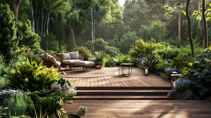 Beautiful wooden terrace with garden